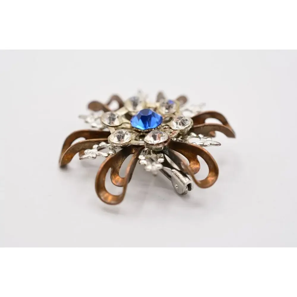 Vintage Flower Pin Brooch Brass Tone Metal Blue Rhinestone 3D Elegant 70s BinAL